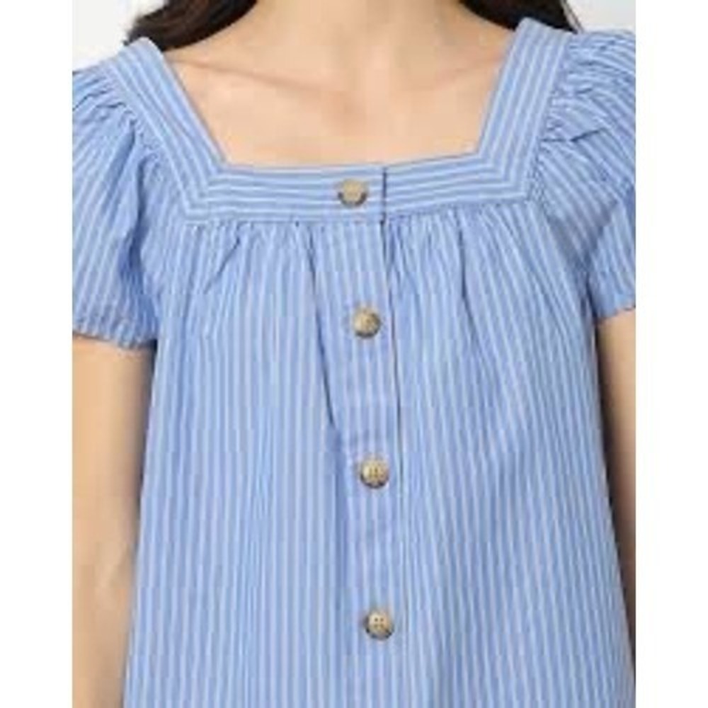 Gap Blue White Pinstripe Square Neck Button Front Flutter Sleeve Cotton Top M